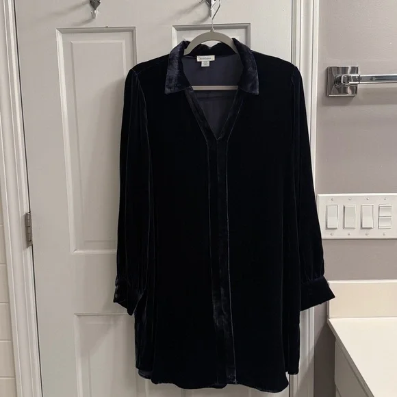 Sundance Hendrix Velvet Shirtdress Long Sleeve Navy Paris Night Blue Relaxed - Picture 3 of 8
